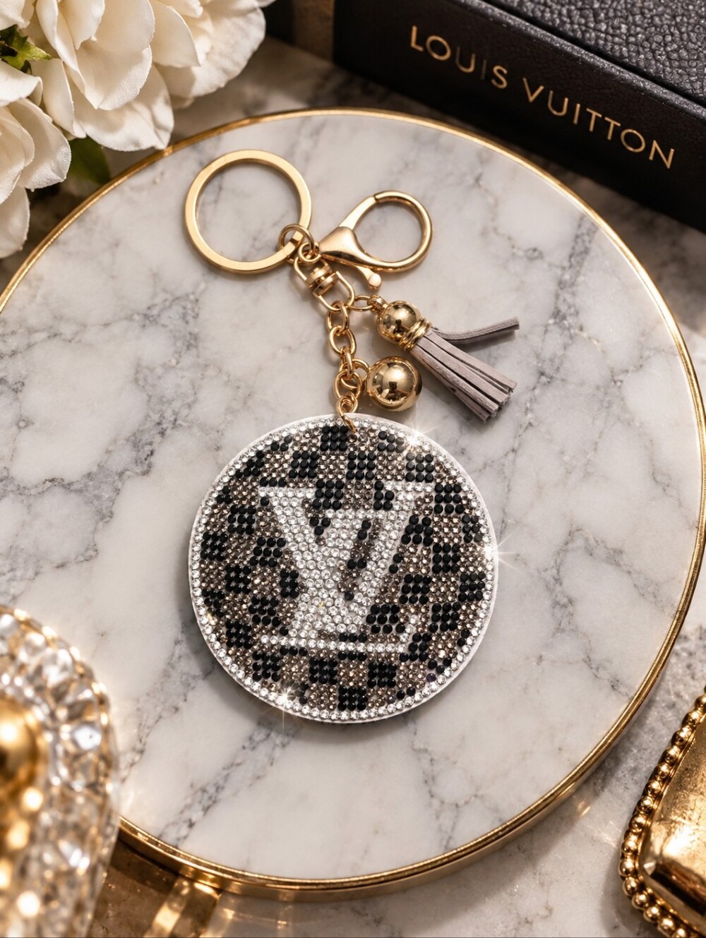 Louis Vuitton Rhinestone Leopard Monogram Keychain in Gray and Gold NEW